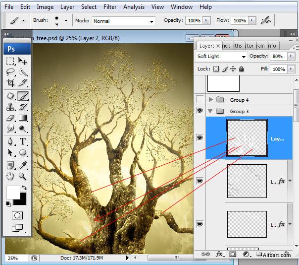 Golden apple tree. Magic scene. Adobe Photoshop Tutorial.